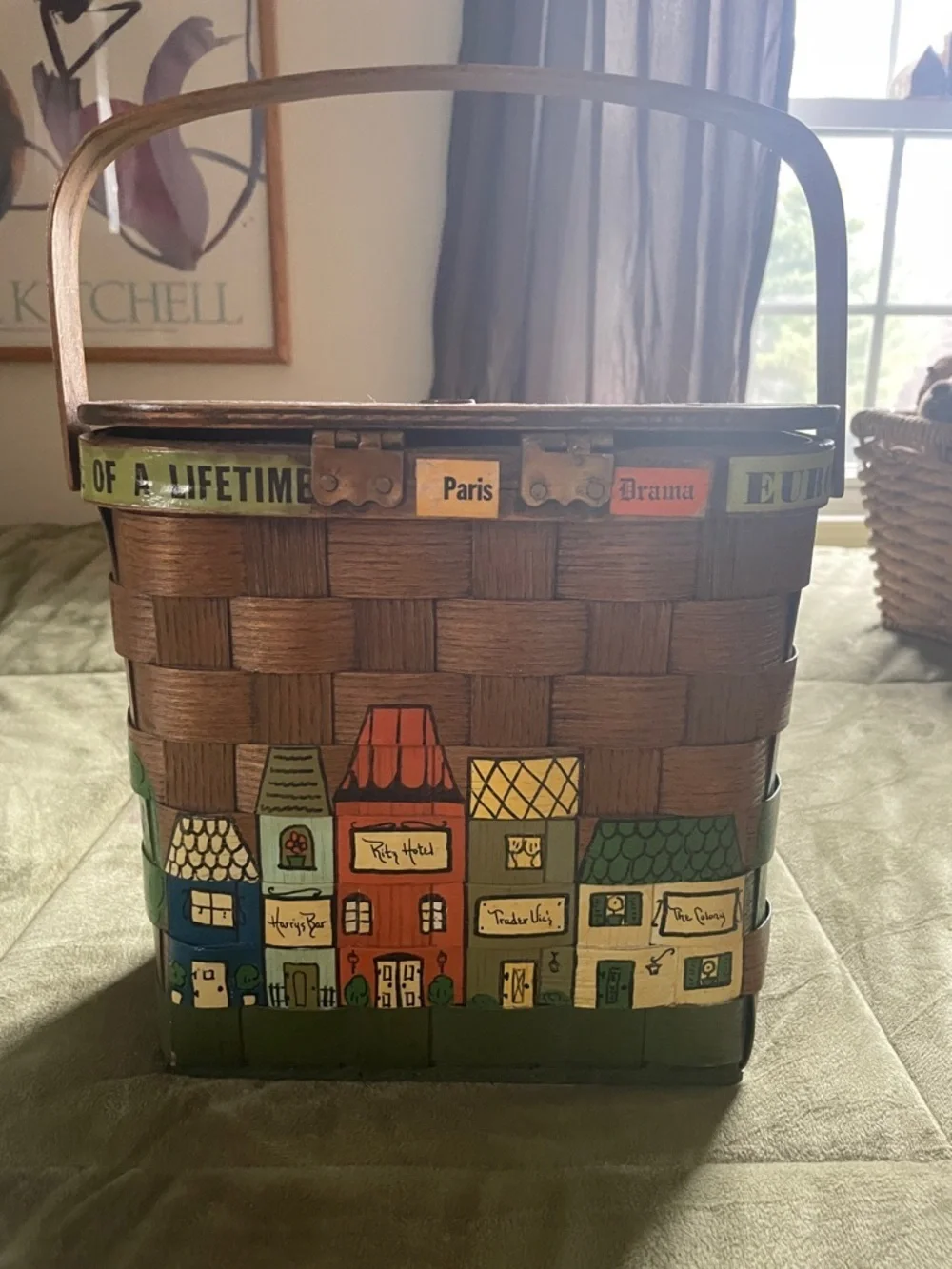 Caro Nan Hand Painted Wood Woven Basket Purse NY Signed Peck N Peck Ritz 60’s